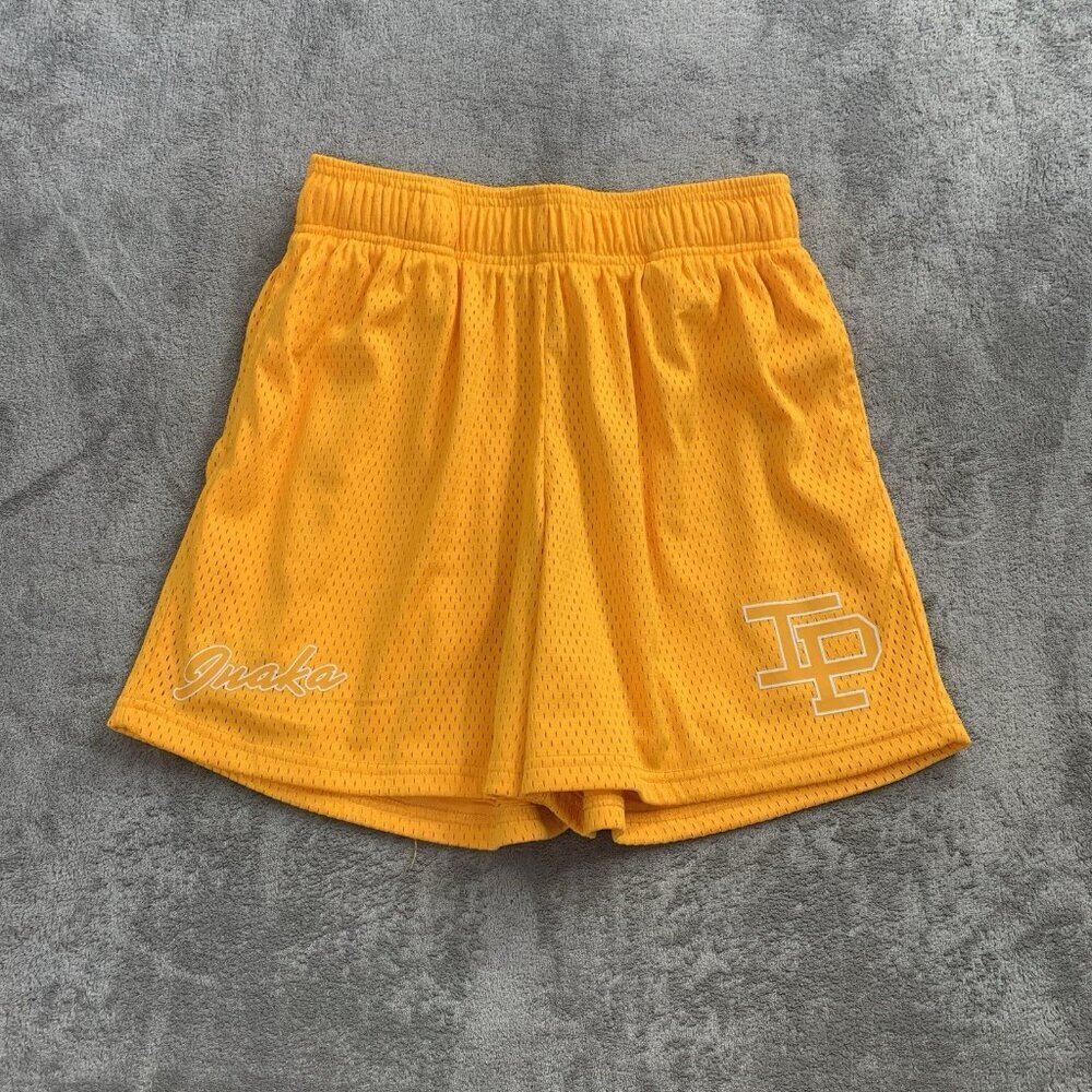 Inaka Power Shorts Mens Small Yellow Mesh Athletic Gym Logo Workout Activewear